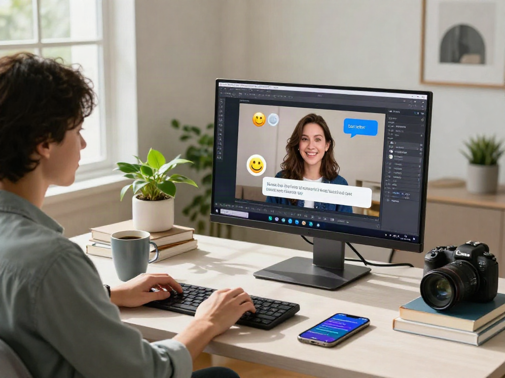 Engaging scene of a person interacting with an AI gf in a home office, showcasing modern technology.
