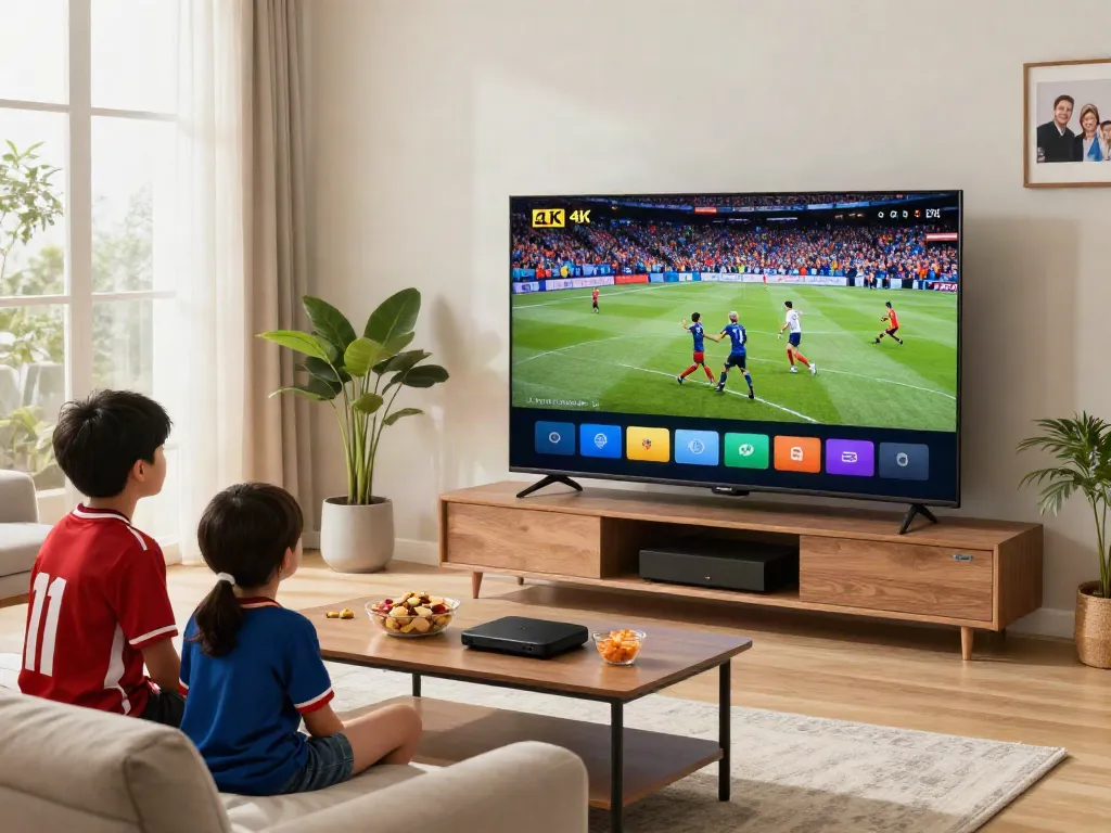 Family enjoying abbonamento IPTV with vibrant sports content in cozy living room.