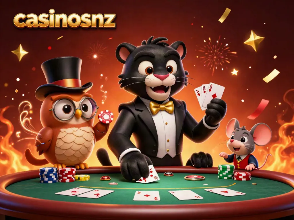 Join the excitement of casinosnz online poker with a stylish panther dealer, owl, and lucky mouse in a vibrant 3D scene.
