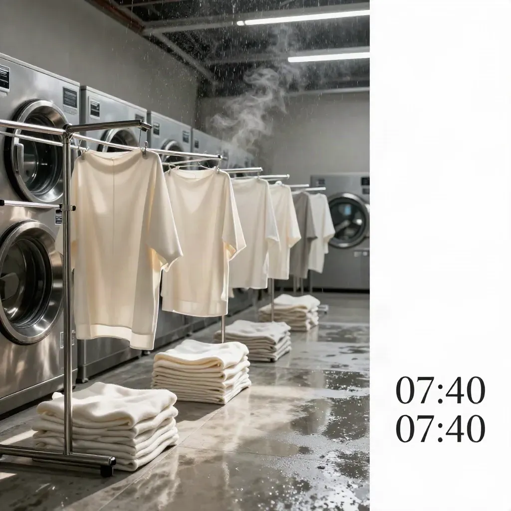 Lavanderia boutique con capi delicati, stenditoi inox, seta e lana su pavimento bagnato