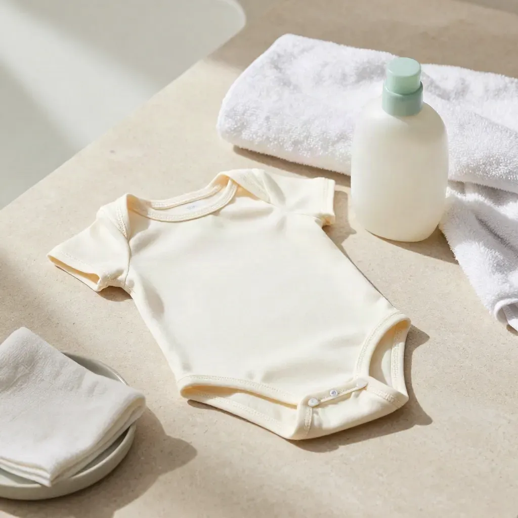 Body in cotone da neonato, asciugamano bianco e flacone opaco su pietra chiara.