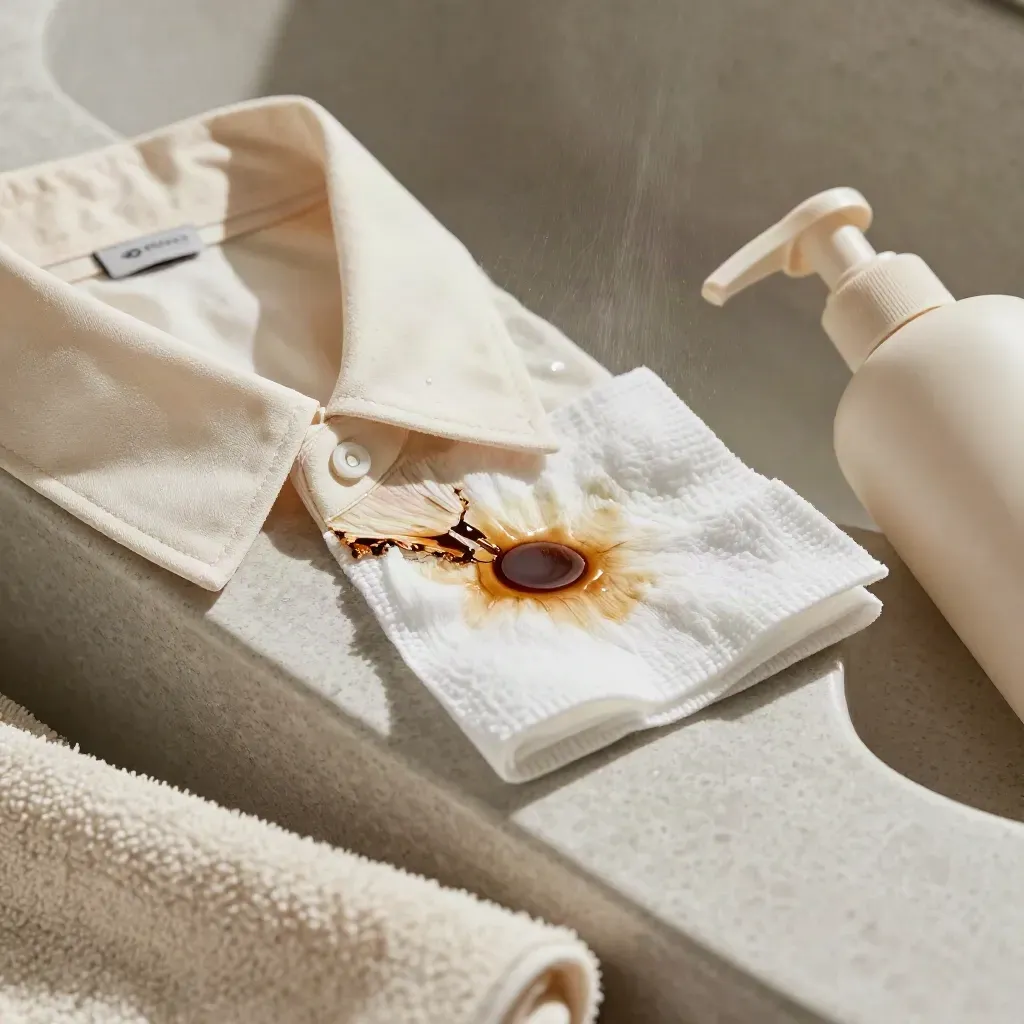 Camicia avorio smacchiata con panno assorbente e flacone neutro su travertino.