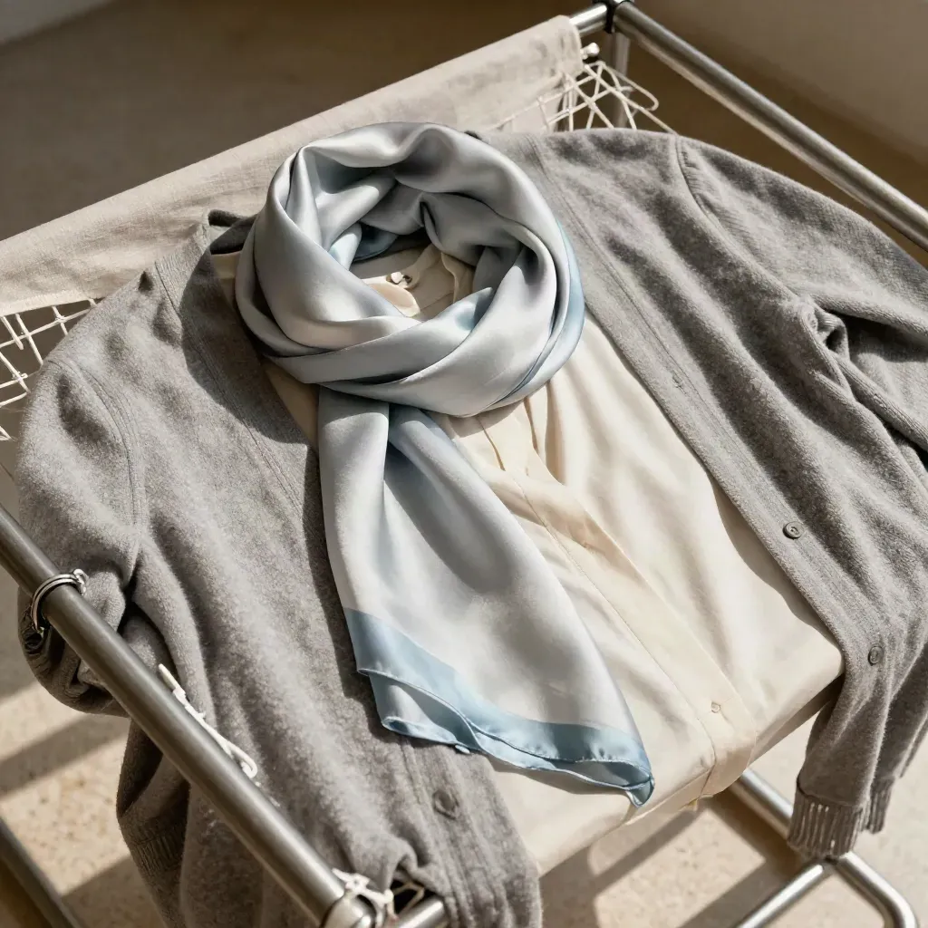 Sciarpa di seta, cardigan di lana e blusa leggera su rete di asciugatura, in luce fresca.