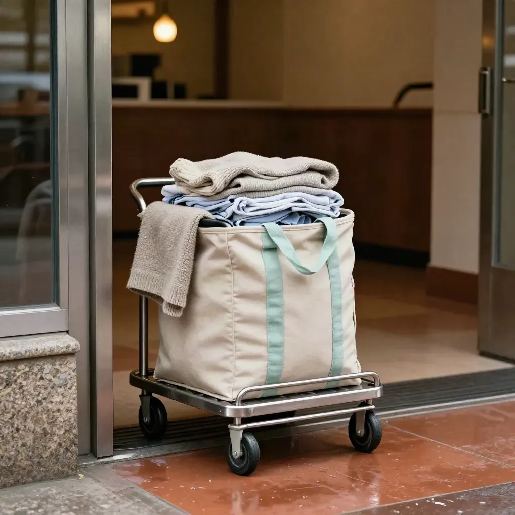 Trolley di lavanderia con borsa in canvas e capi piegati davanti a un ingresso ufficio.
