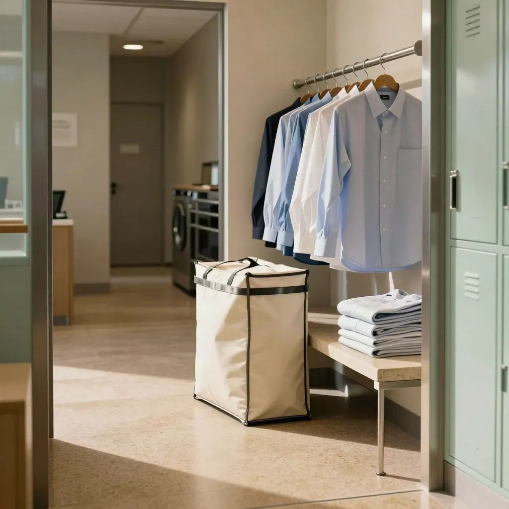 Stanga di grucce, camicie piegate e borsa in canvas in un corridoio d’ufficio, luce morbida.