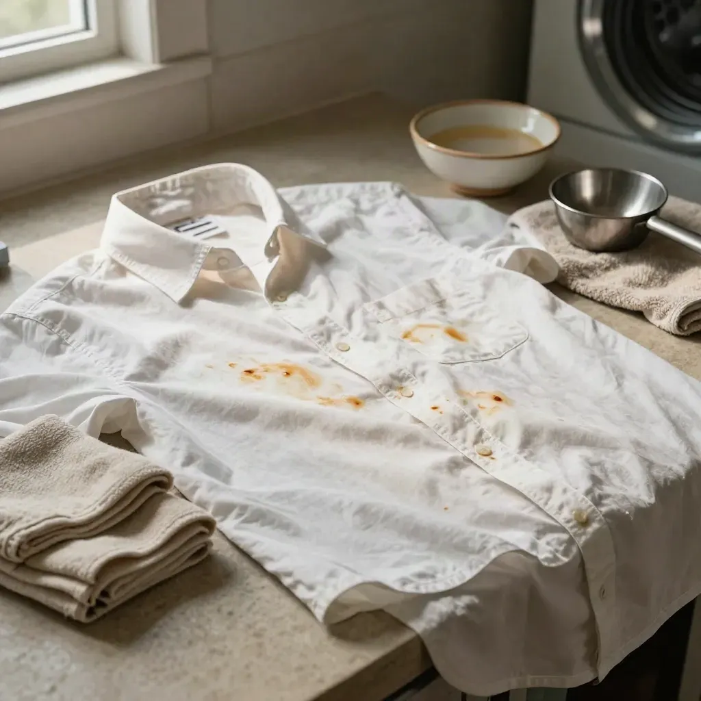 Camicia chiara con macchie quasi dissolte, panno assorbente e ciotola smacchiante su piano in pietra.