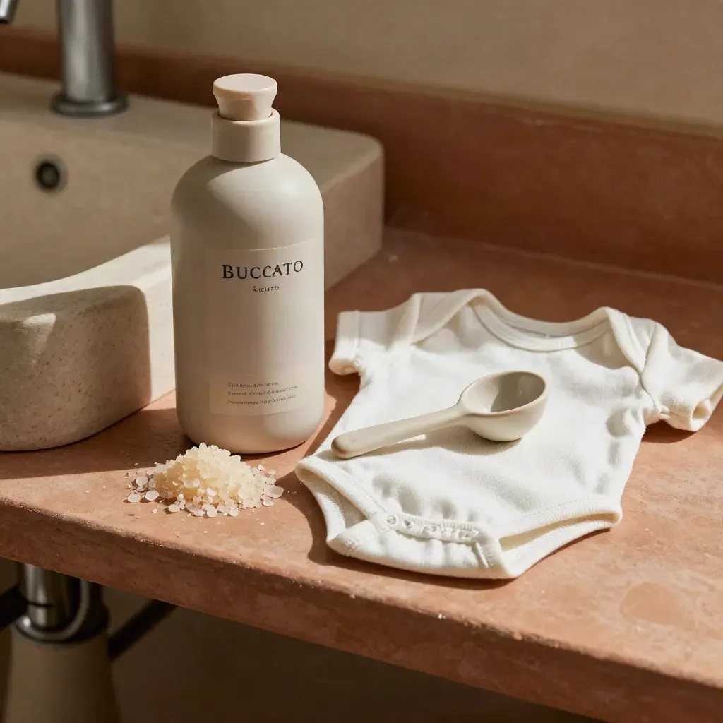 Flacone opaco, scaglie di sapone e body in cotone baby su ripiano lavanderia, luce morbida.