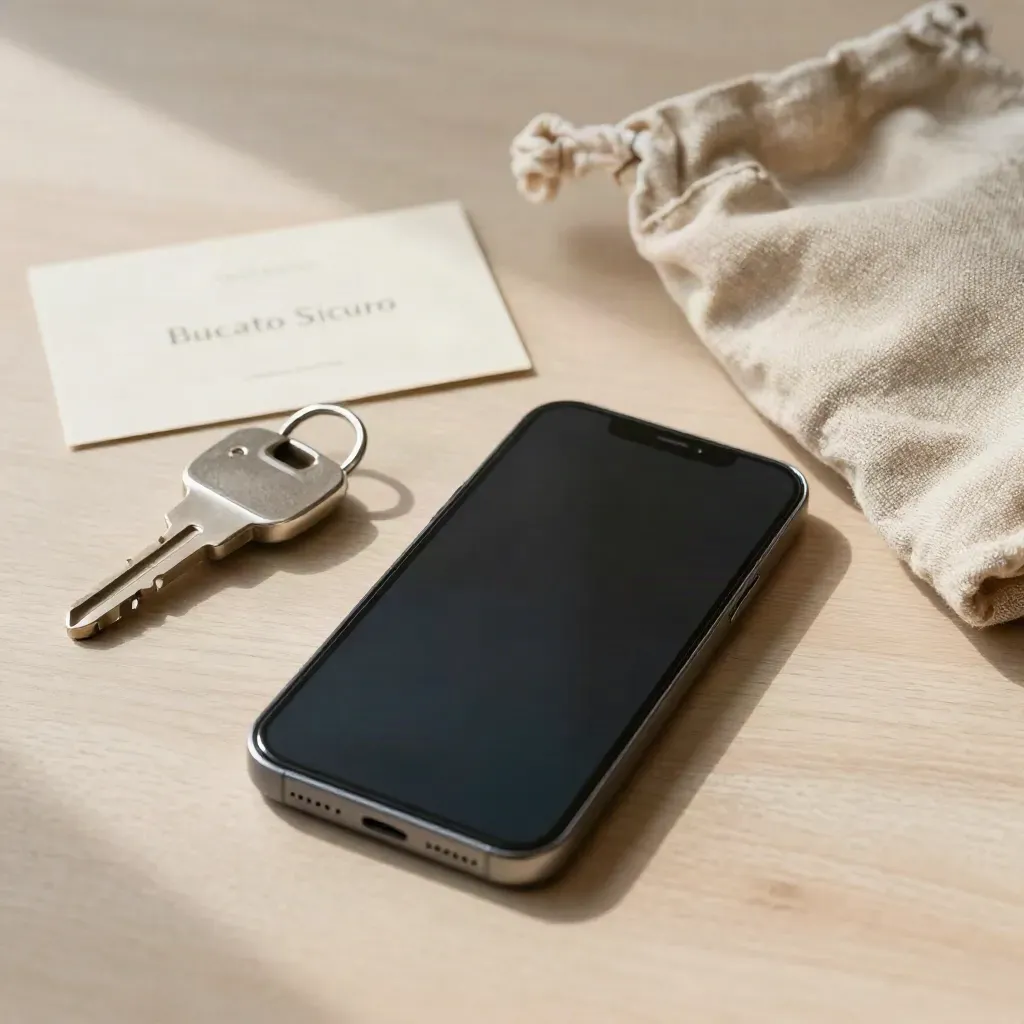 Smartphone, chiave di ritiro e borsa in lino su legno chiaro, luce morbida laterale