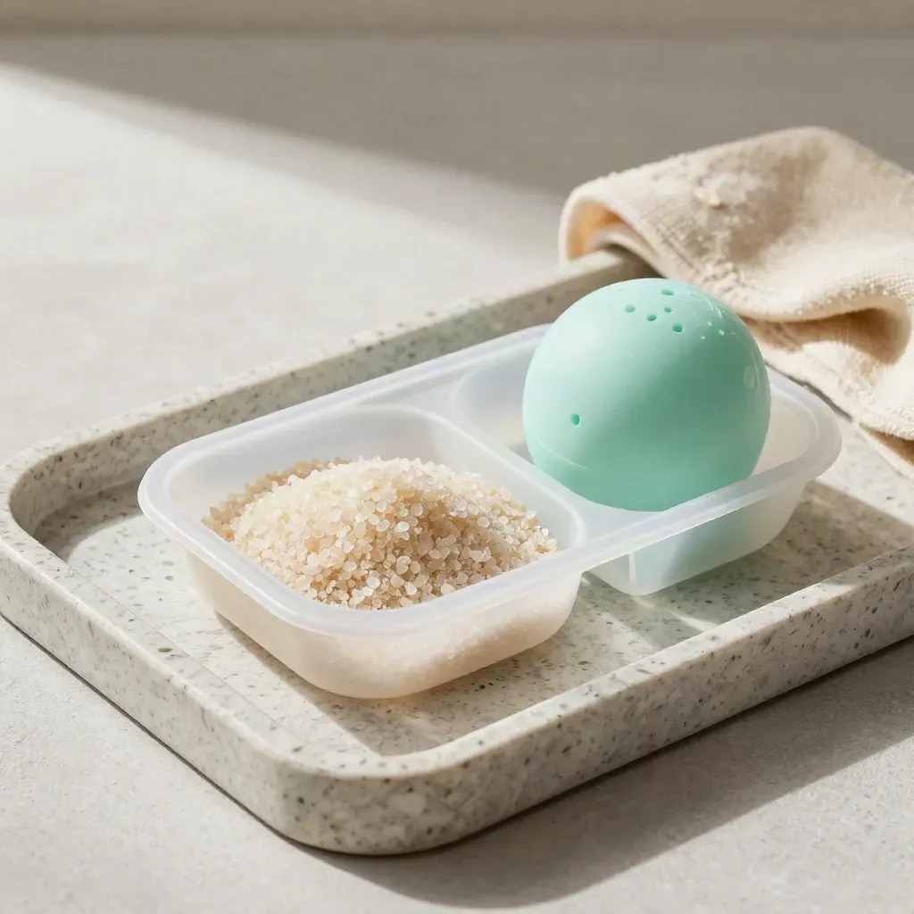 Vaschetta del bucato, cristalli neutri, pallina in silicone e panno piegato su pietra.