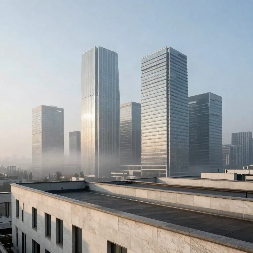 Panorama di Milano all’alba, Porta Nuova tra la foschia e spazio calmo in basso