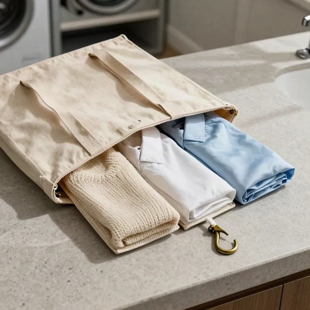 Borsa in tela aperta con sacchetti rete e capi separati su fondo in pietra chiara.
