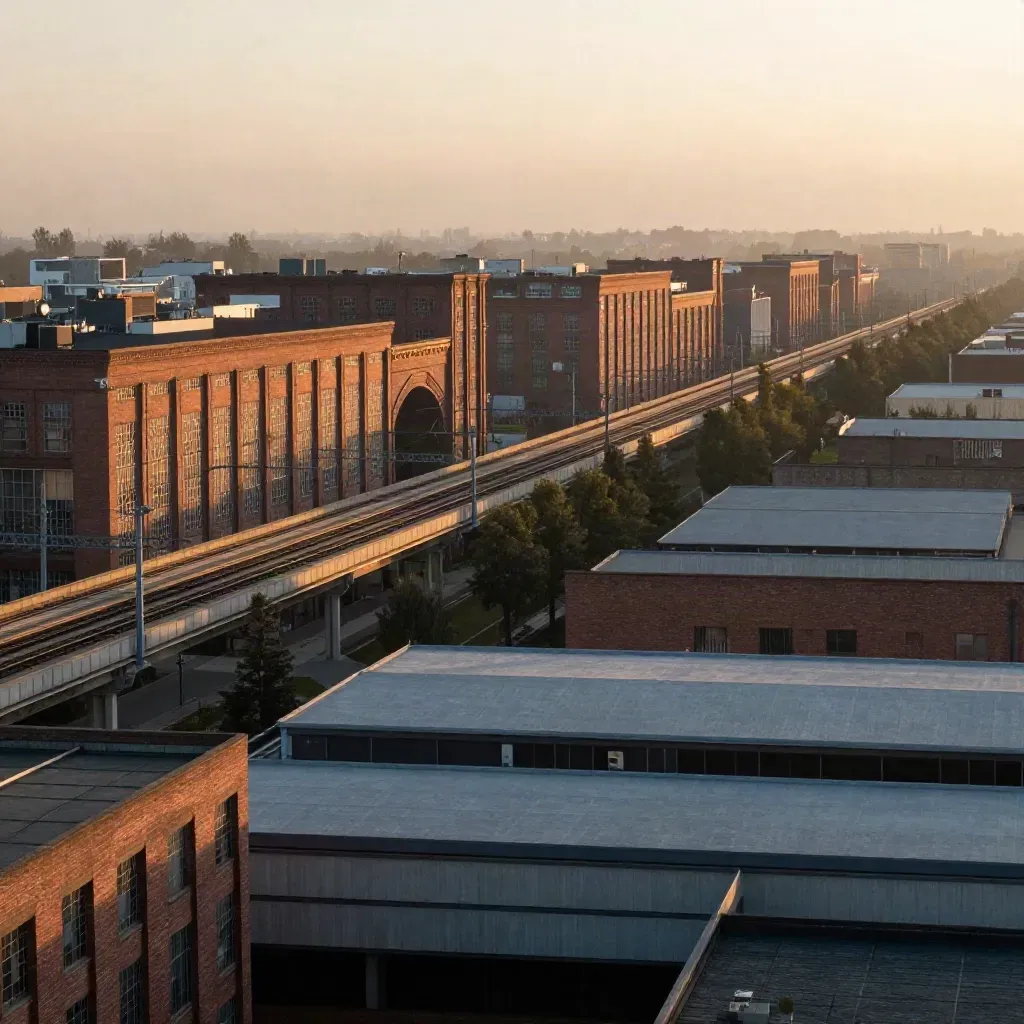 Veduta aerea di Nord Milano con binari sopraelevati, mattoni industriali e alberi al tramonto.