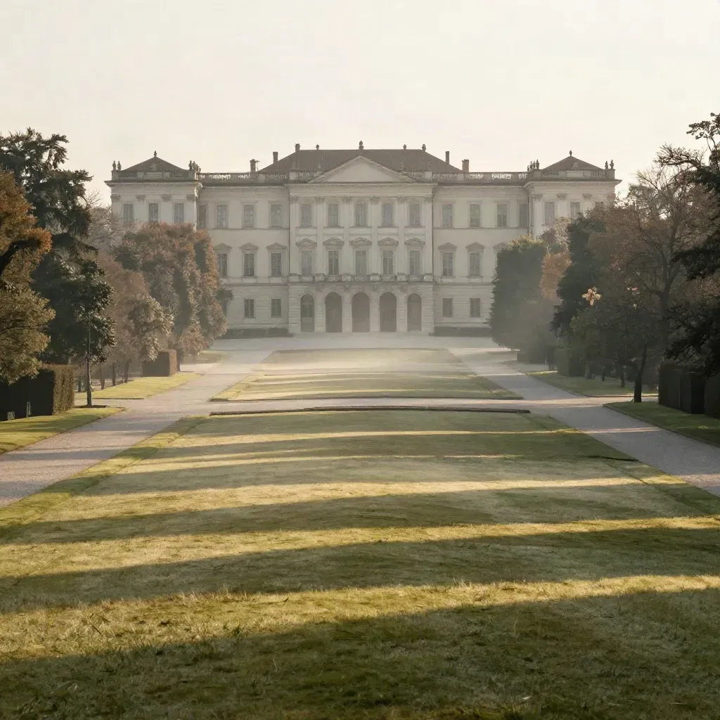 Villa Reale e viali del Parco di Monza, prato e alberi in luce dorata mattutina