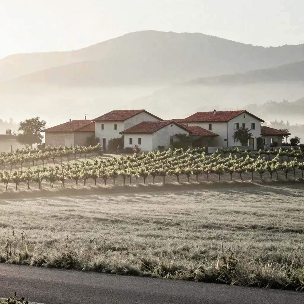 Campagna della Lombardia ovest con cascine, filari e Prealpi nella bruma del mattino.