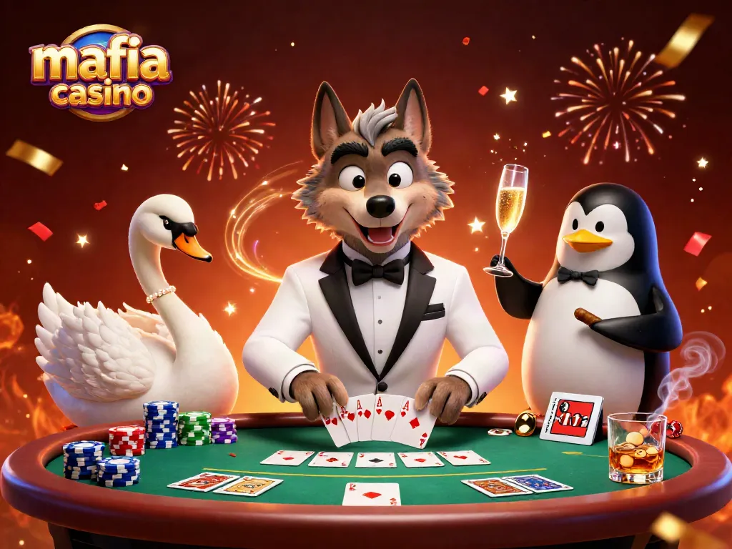 Experience the thrill of mafia casino with a debonair wolf and elegant swan at a blackjack table.