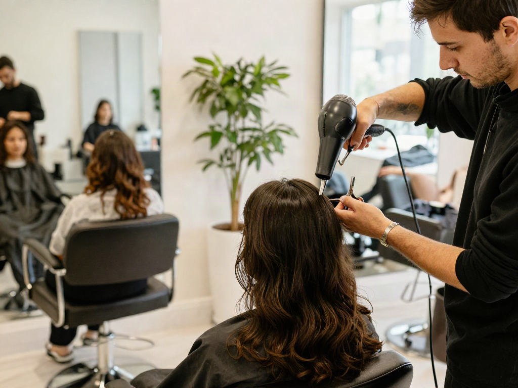 Hairstylist at https://carbonegroupparrucchieri.it/ creating a stylish haircut in a modern beauty salon.