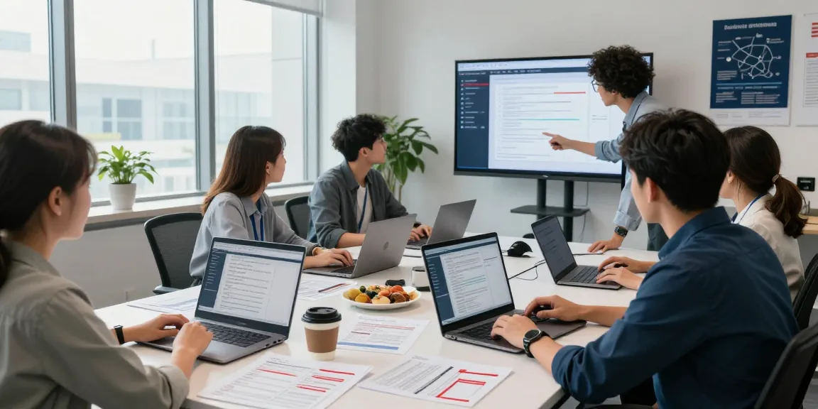 Team of analysts conducting document fraud detection in a modern office space with laptops and security checklists.