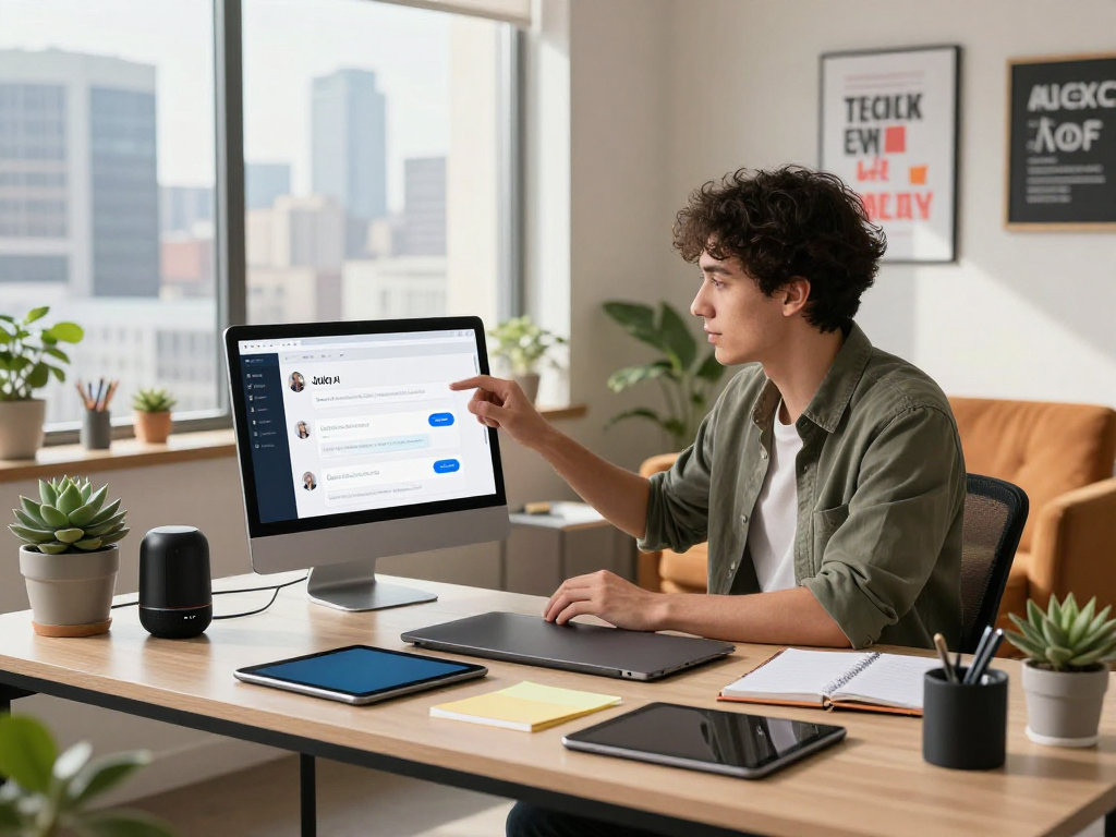 Engaging workspace scene with Juicy ai chat interface displayed on a laptop in a modern tech setting.