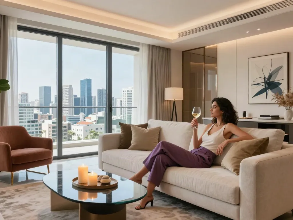 Stylish discreet apartment interior in Tel Aviv featuring luxurious decor and a beautiful woman enjoying a glass of wine, embodying the essence of דירות דיסקרטיות במרכז.