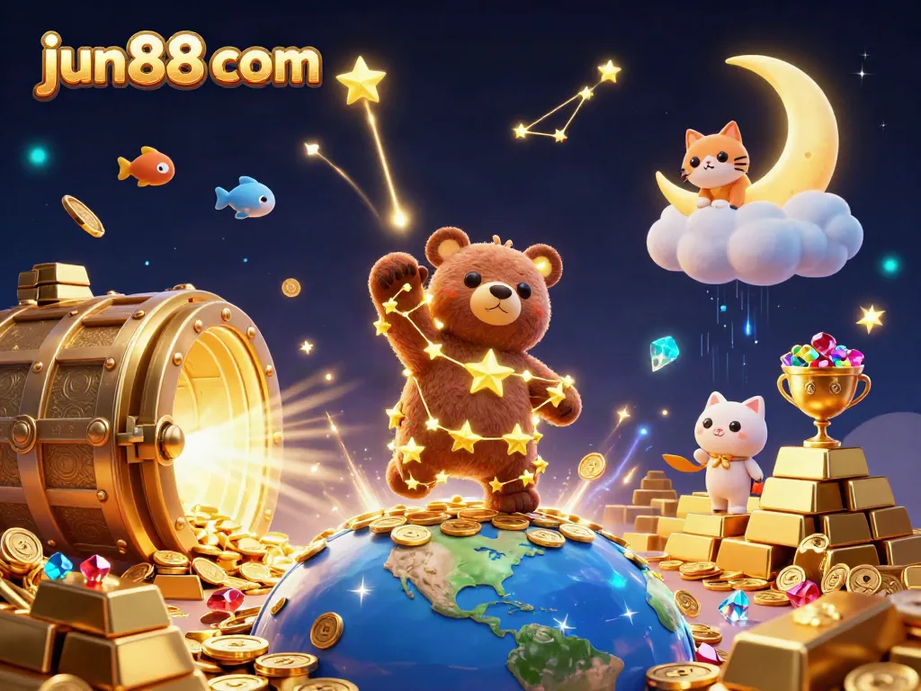 Engage with exciting wins at jun88 com, featuring a constellation bear amidst treasures and magical creatures.